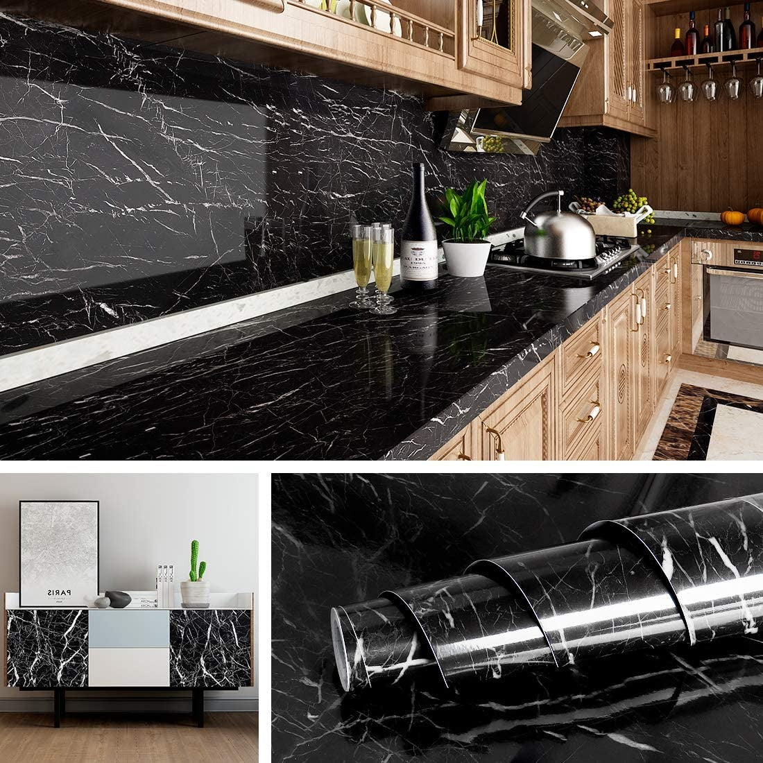 Self Adhesive Black / White Marble Sheet for Kitchen - Anti Oil and Heat Resistant Wallpaper