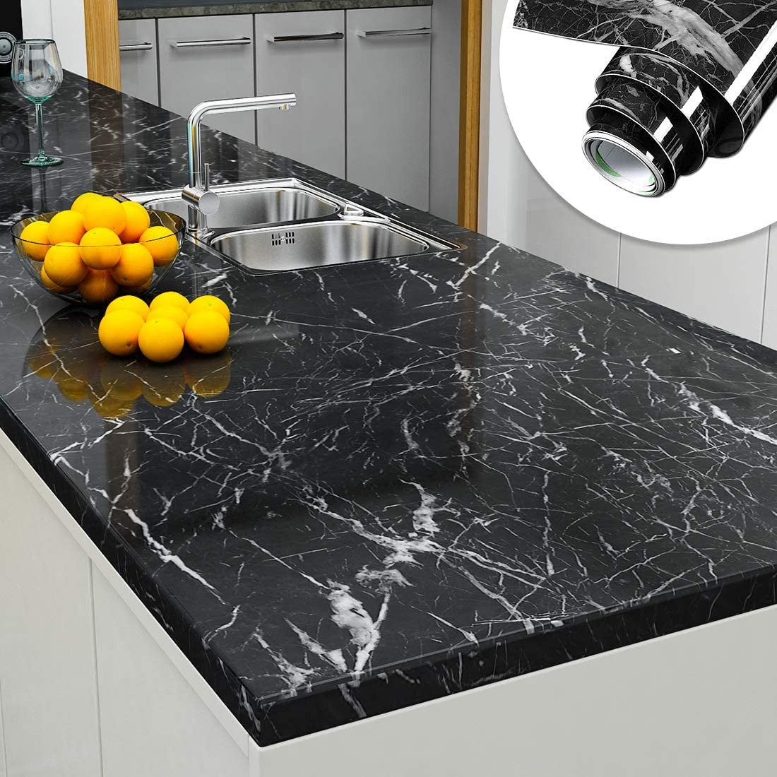 Self Adhesive Black / White Marble Sheet for Kitchen - Anti Oil and Heat Resistant Wallpaper