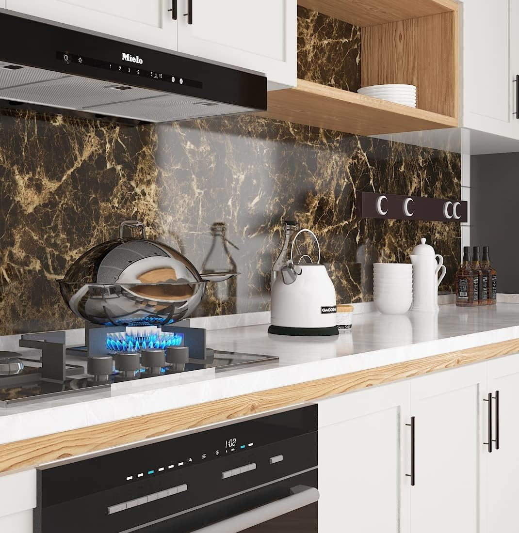 Self Adhesive Black / White Marble Sheet for Kitchen - Anti Oil and Heat Resistant Wallpaper