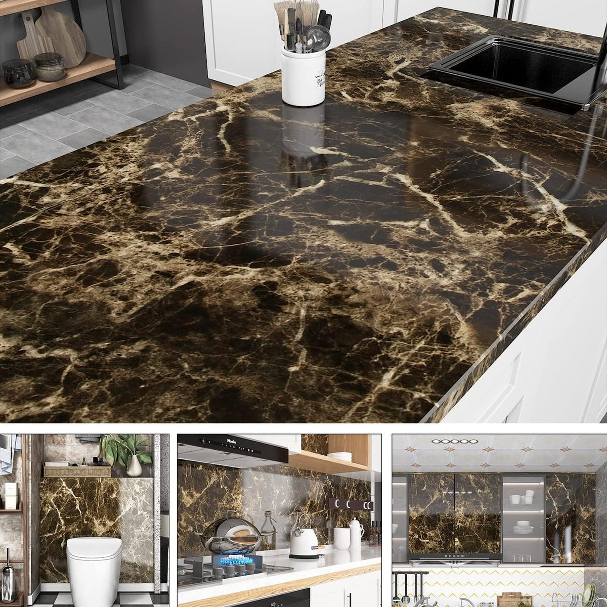 Self Adhesive Black / White Marble Sheet for Kitchen - Anti Oil and Heat Resistant Wallpaper