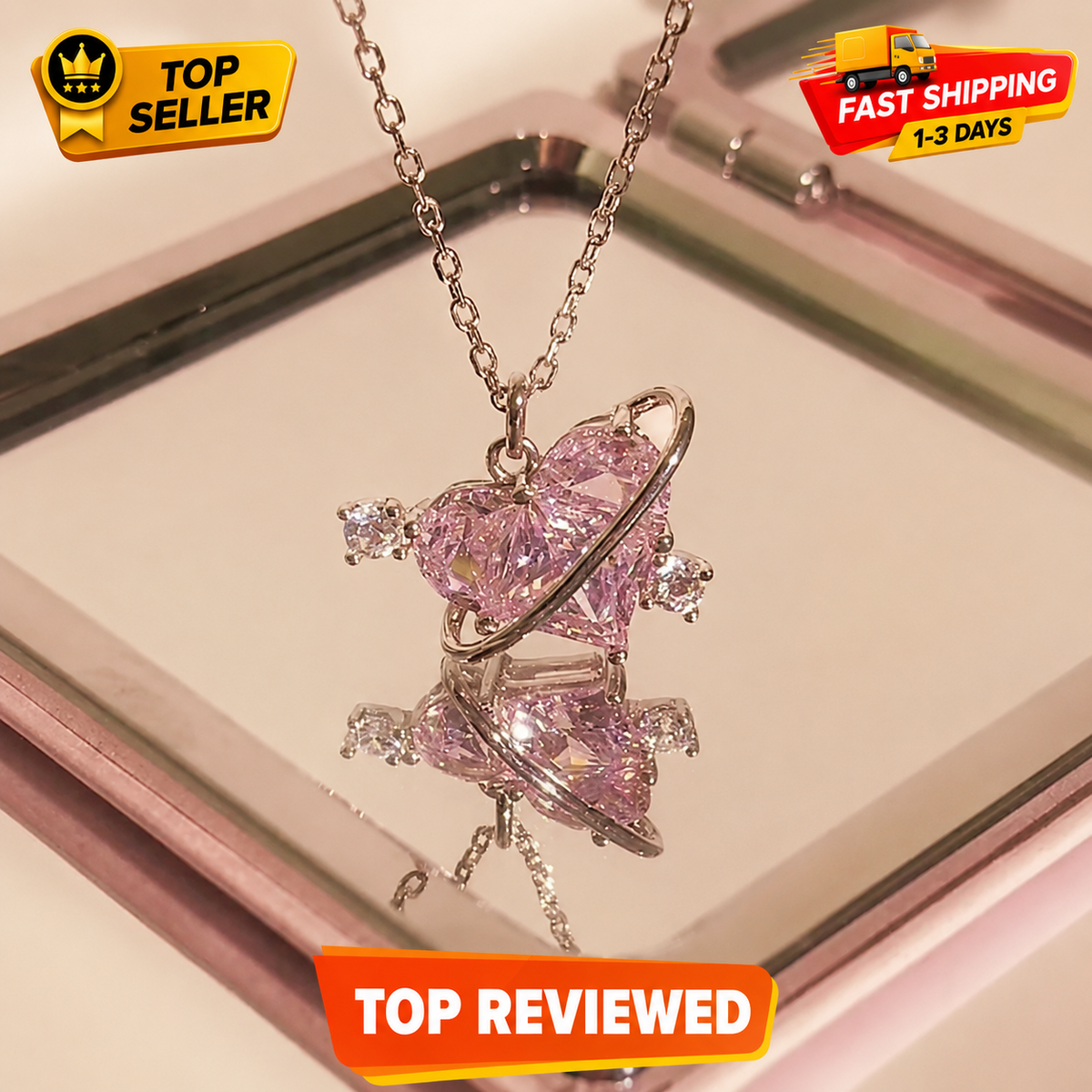 Heart Pendant Pink Crystal Necklace For Women Girl Elegant