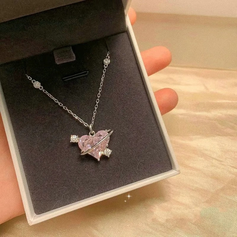 Heart Pendant Pink Crystal Necklace For Women Girl Elegant