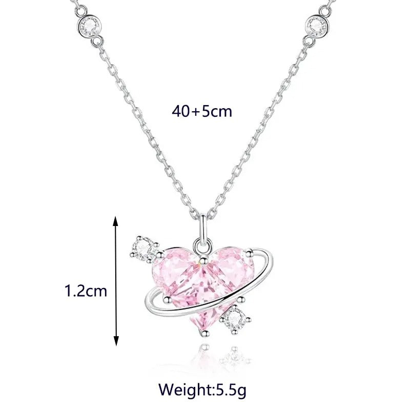 Heart Pendant Pink Crystal Necklace For Women Girl Elegant