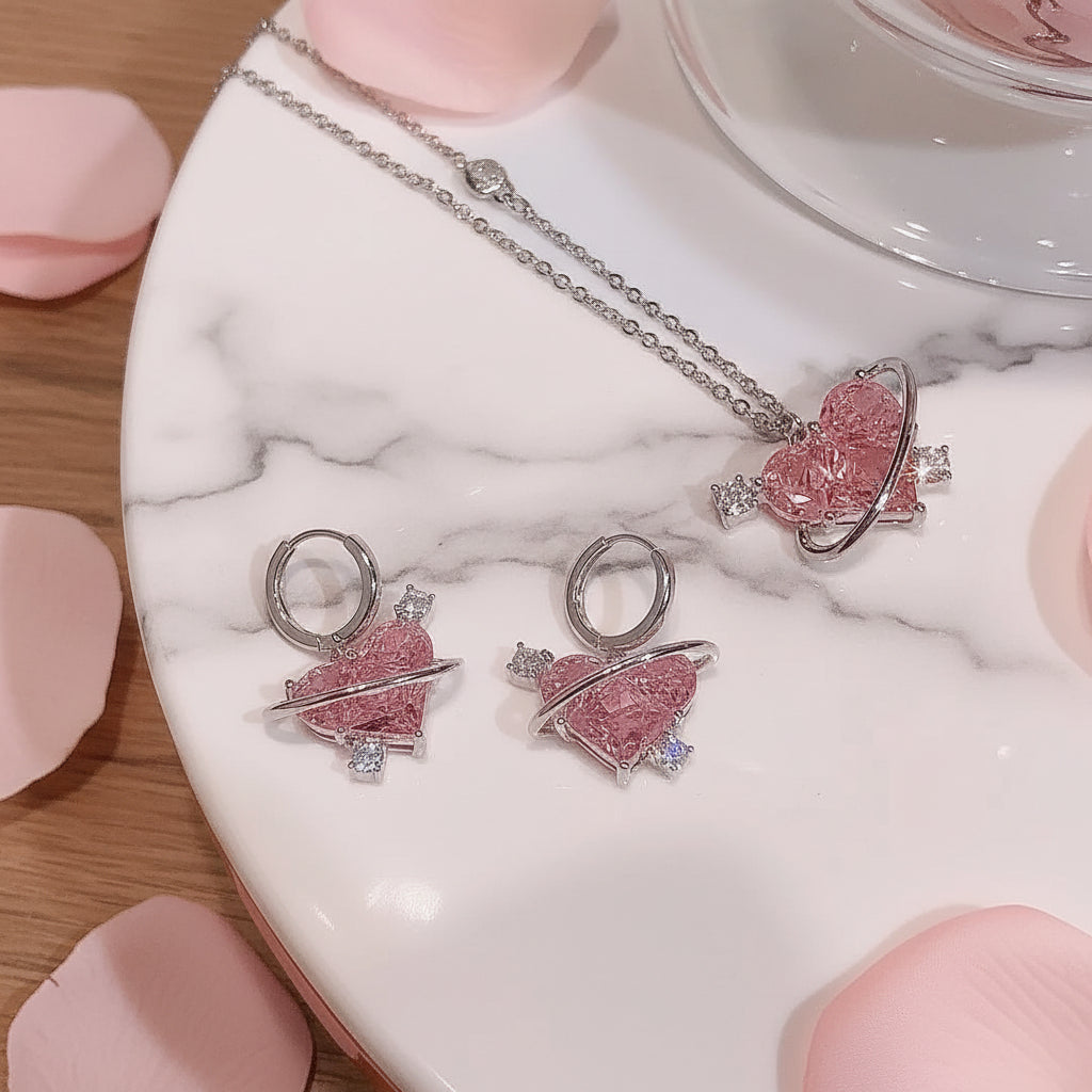 Heart Pendant Pink Crystal Necklace For Women Girl Elegant