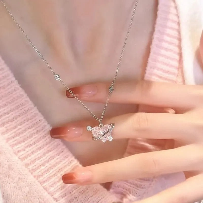 Heart Pendant Pink Crystal Necklace For Women Girl Elegant