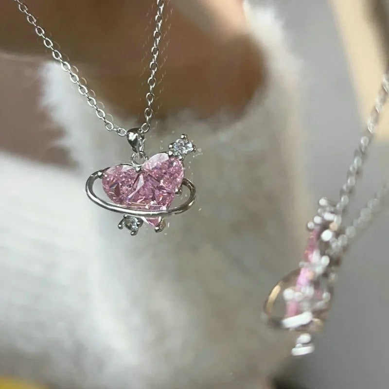 Heart Pendant Pink Crystal Necklace For Women Girl Elegant