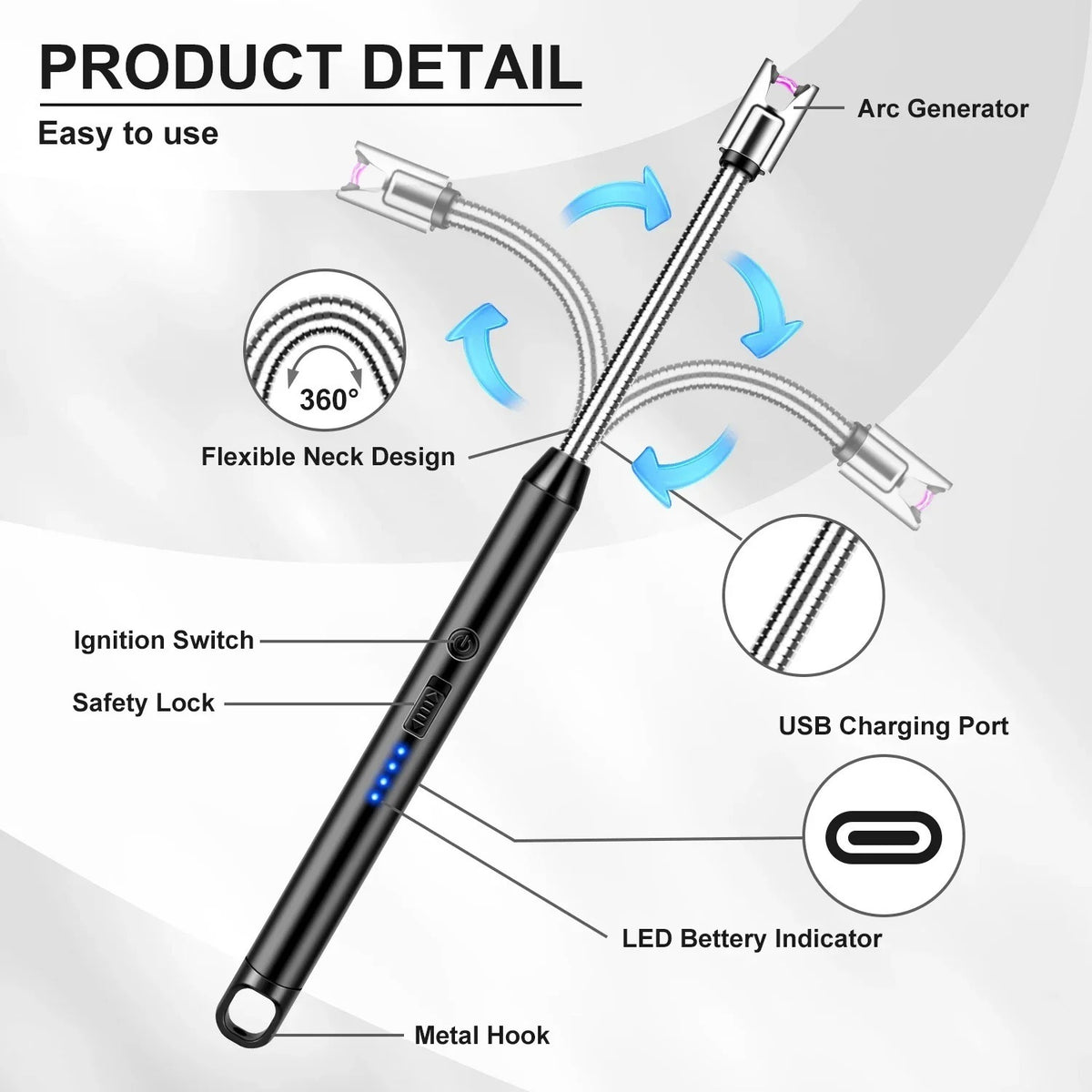 Flexible USB Lighter Flameless Long Neck with LED, Best Quality for Stove