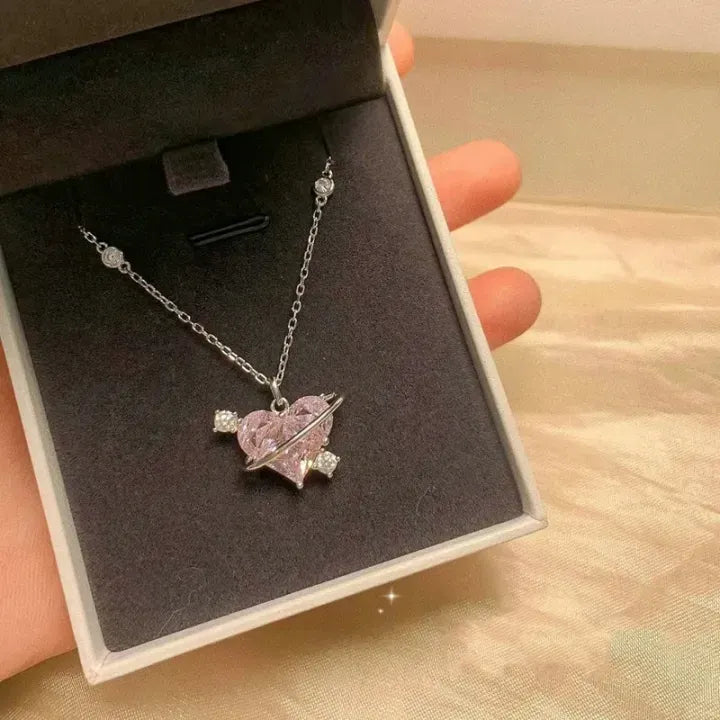 Heart Pendant Pink Crystal Necklace For Women Girl Elegant