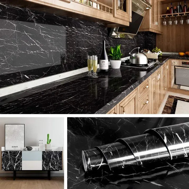 Self Adhesive Black / White Marble Sheet for Kitchen - Anti Oil and Heat Resistant Wallpaper